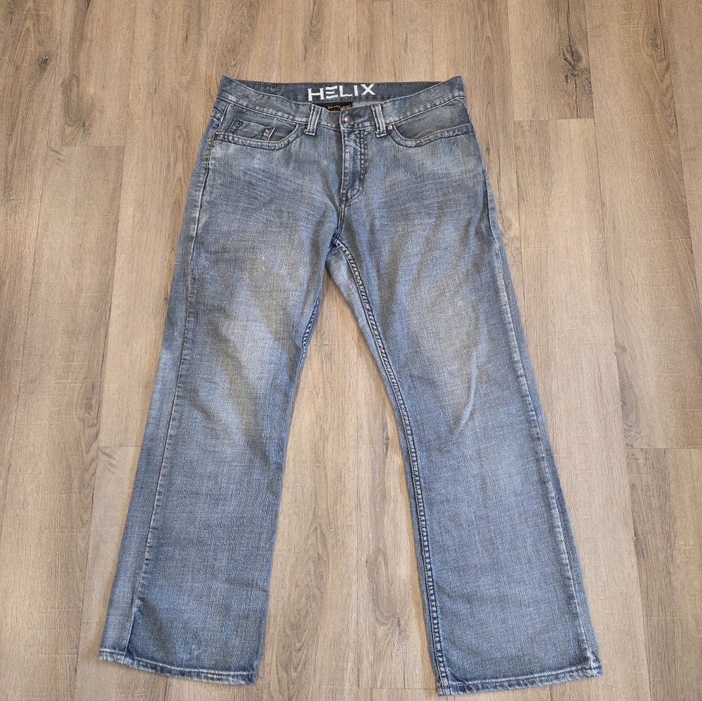 Helix Relaxed Boot Mens 34x30 Blue Jeans Studs Raw Hem Pockets Faded Cowboy